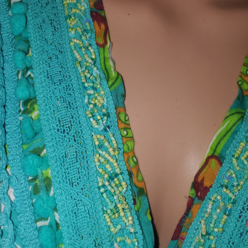 Antica Sartoria Dress 2024 One Size Cotton Boho Positano Aqua Fringe Mini Resort - Picture 3 of 12